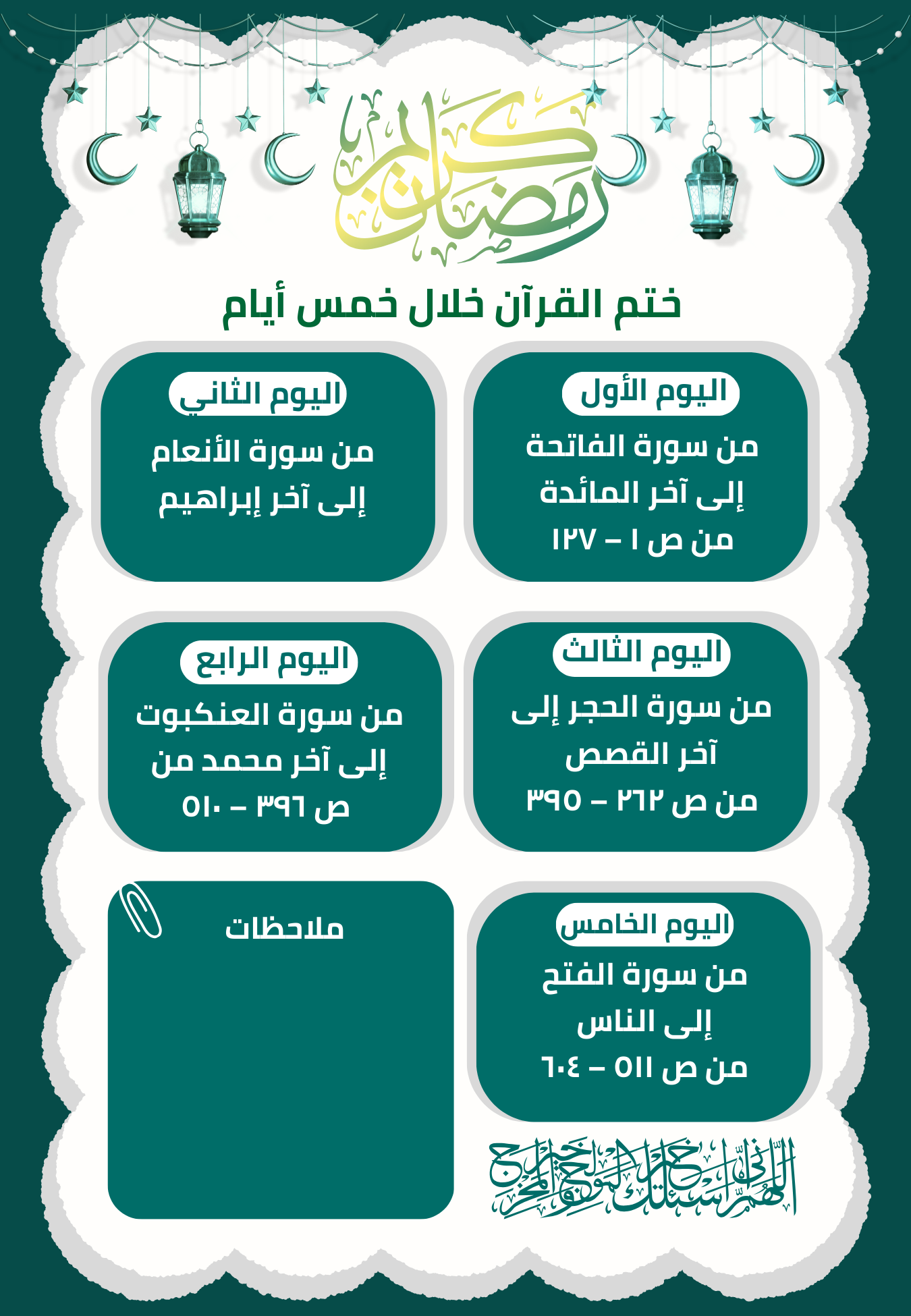 جدول ختم القرآن في ( 5 ) أيام
